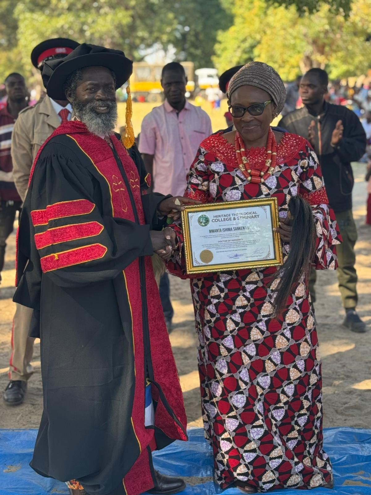 Doctor of Humanity certificate presented on behalf of HRH Dr Mwanta Ishima Sanken'i VI